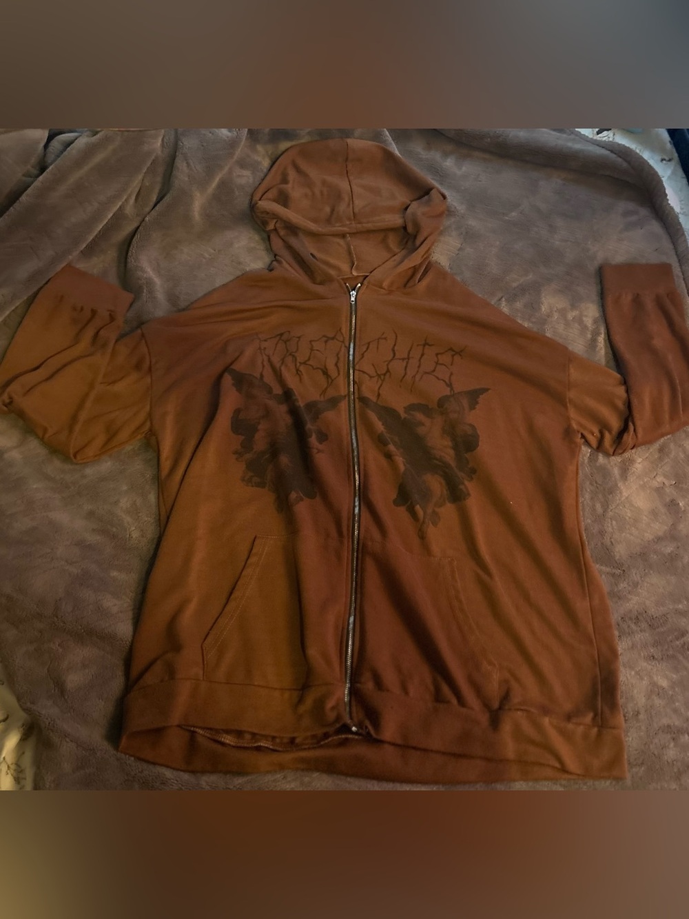 UNISEX Brown Zip-Up Hoodie Jacket with Graphic Print